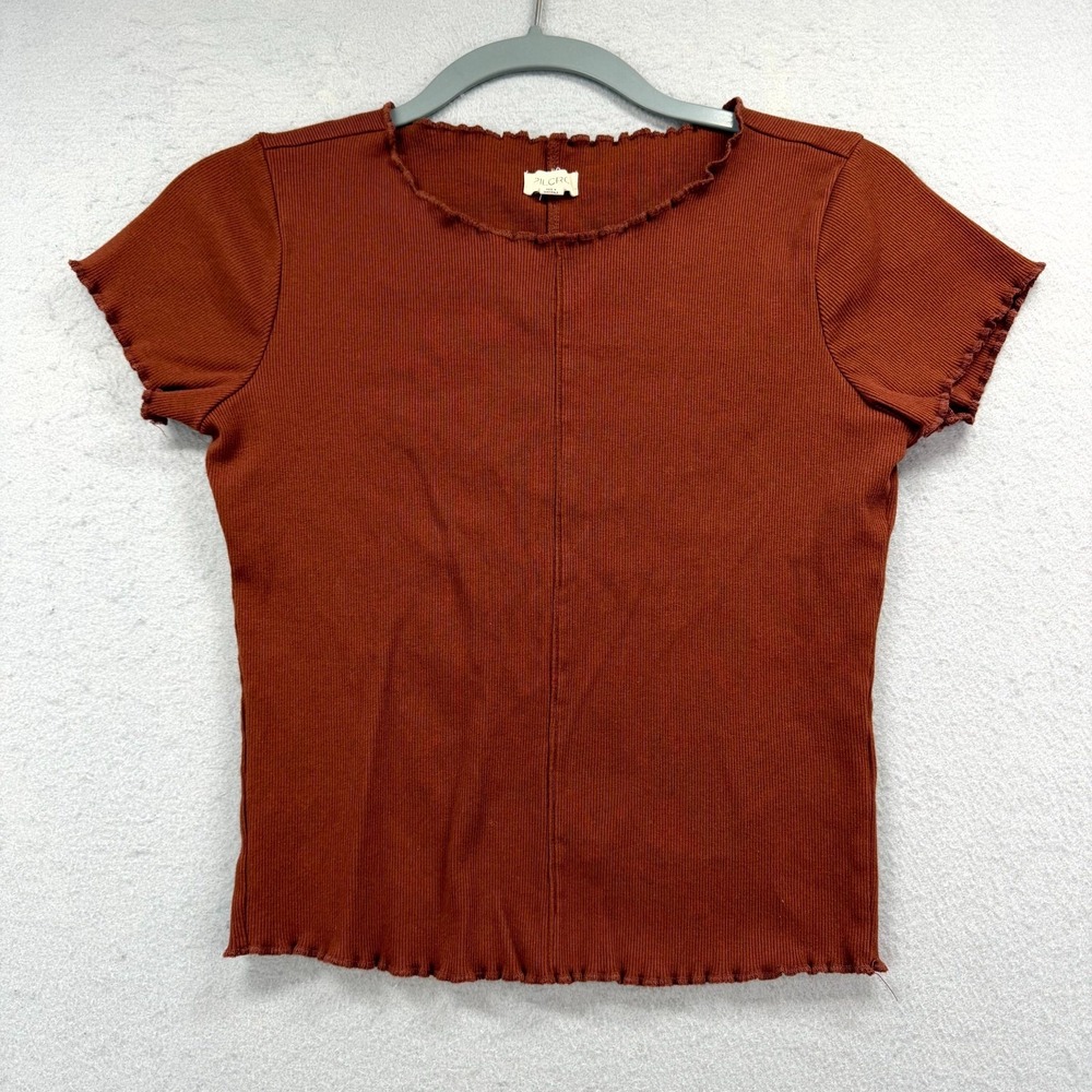 Pilcro Stretchy Ribbed Crop Top Womens Small Brown Lettuce Edge Everyday Wear